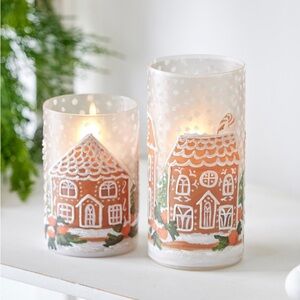 Raz Set of 2 Gingerbread House Glass Christmas Decor Hurricane Candle Holders
